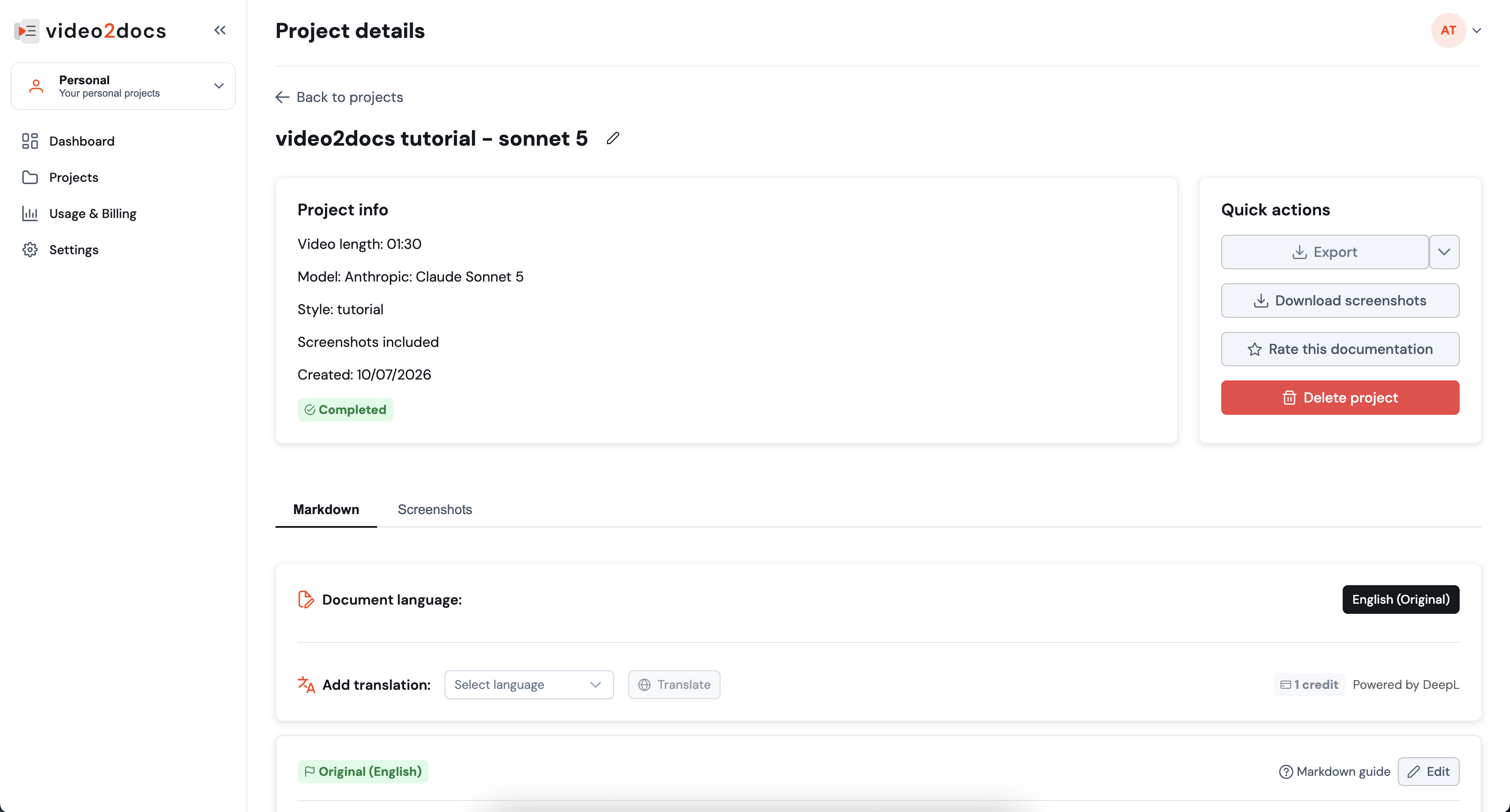 video2docs project details page showing a completed guide with video length, model, style and export options