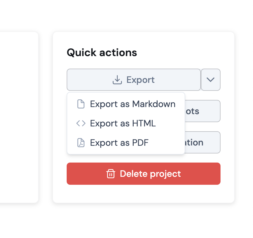 video2docs export menu showing Export as Markdown, HTML and PDF options